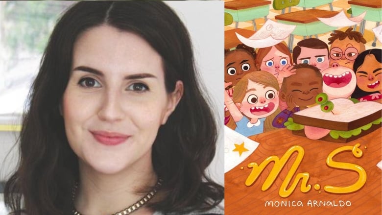 A white woman with brown hair smiles at the camera. A picture book cover of a class of cartoon kids peering over a desk at a sandwich. 