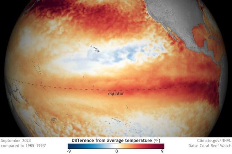 A map of Earth shows the warming in an area of the Pacific Ocean known as El Nio, in red.