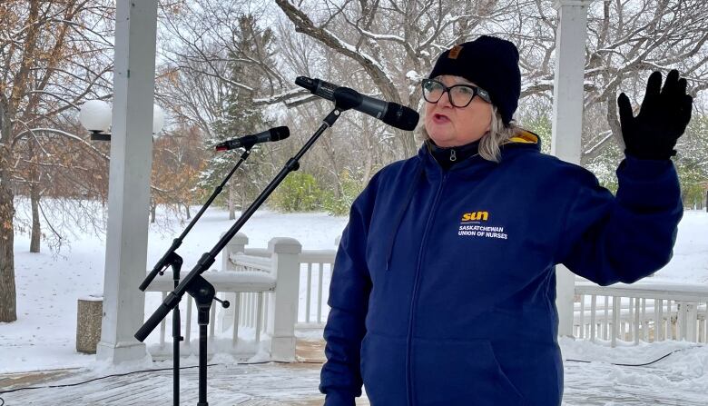 Tracy Zambory, SUN's president, speaking at the rally on Wednesday