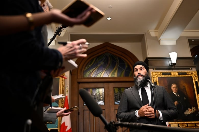 NDP Leader Jagmeet Singh speaks to reporters