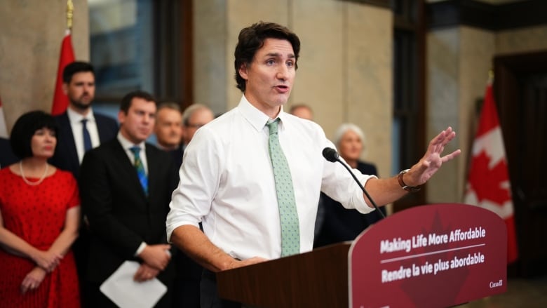 Prime Minister Justin Trudeau wearing a white shirt and pale green tie speaks at a podium while Liberal MPs watch on.