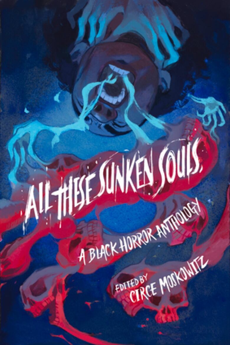 All These Sunken Souls edited by Circe Moskowitz. Illustrated book cover of a person screaming upside down with ghostly hands at their throat.