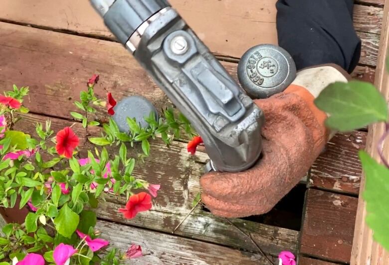 A silver nozzle is inserted into a tap sticking out of a wood panel. A gloved hand holds the nozzle and the photo is framed by flowers, presumably on the side of a house.