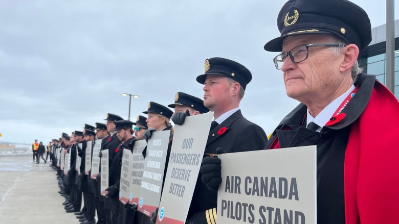 Pilots in uniform are seen standing in a line and holding up placards.