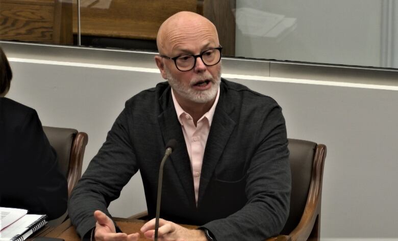 Dr. Michael Gardam, seated at a table, speaking into a microphone.