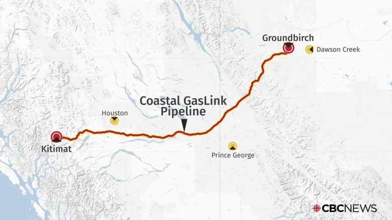 A map showing the route of the Coastal GasLink pipeline.