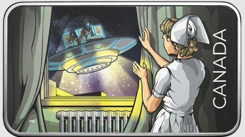 Illustration of a nurse opening a curtain to reveal UFO with aliens inside