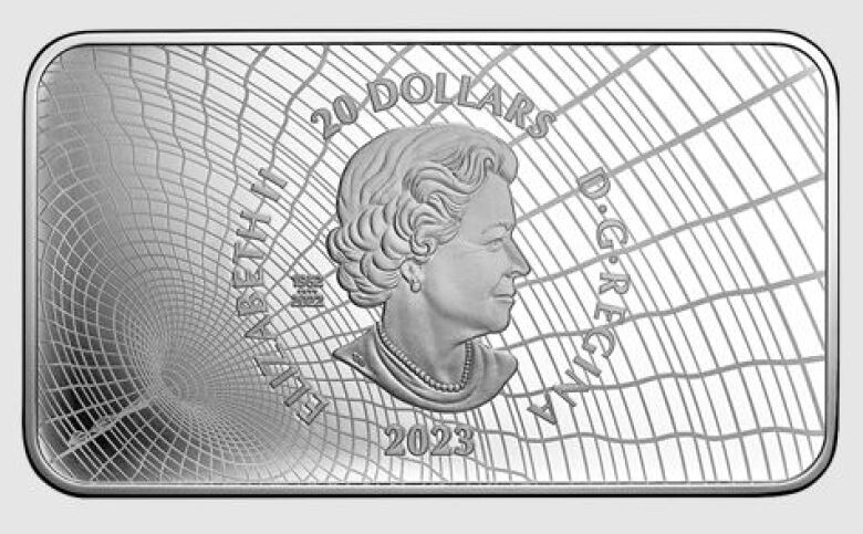 A wormhole background with effigy of Queen Elizabeth II engraved on a rectangular coin.