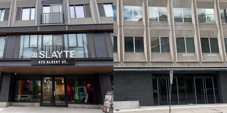 A side-by-side shot of the exterior of a concrete building. one side has new windows