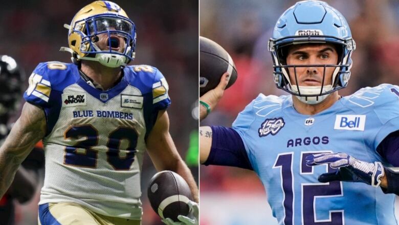 A side-by-side photo shows a football player on the left in blue-white and gold uniform. On the right is another football player in two shades of blue.