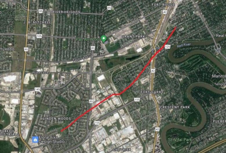 A satellite image with a red line showing the distance between two points