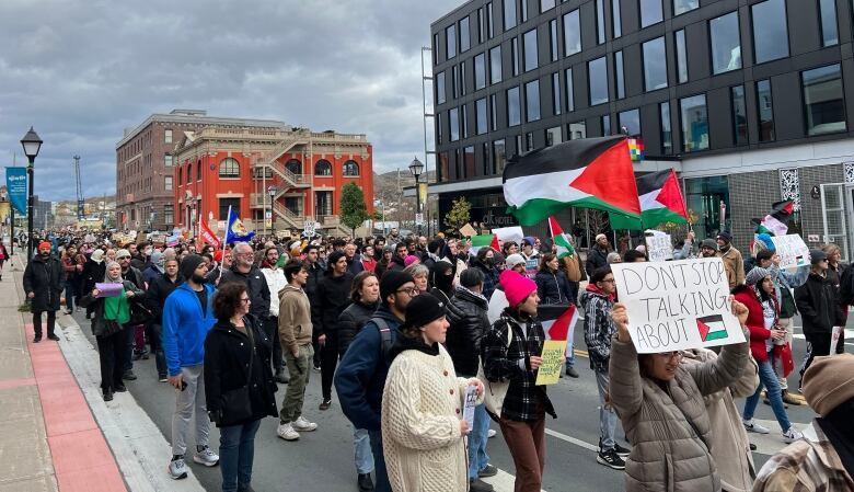 A very large crowd of people, some holding Palestinian flags or signs in support of Palestine, is marching outside. Though the sky is overcast, the weather is good.