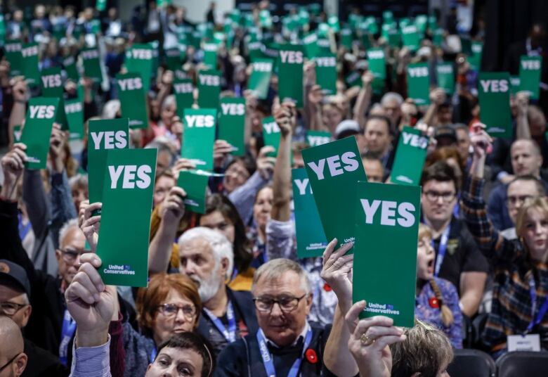 People hold up a sea of green 