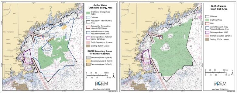 Two maps show different areas where wind farms could be located in the Gulf of Maine. the one on the left has smaller call areas outlined in blue. While the one on the right has a larger call area highlighted green.  