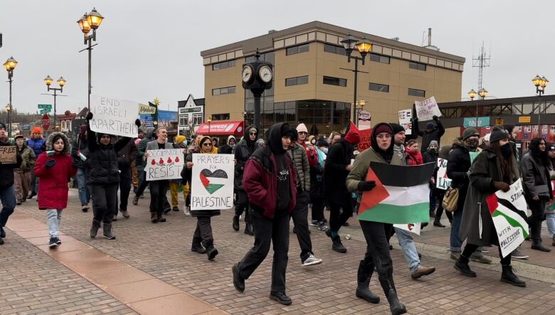 Protesters hold signs and palestinian flags.