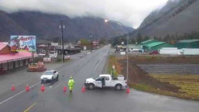 A roadblock on Highway 3, west of Keremeos on Monday, Nov. 6, 2023 due to a rockslide in the area.