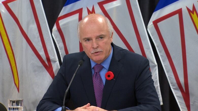 A man wearing a suit sits in front of a microphone and three Newfoundland and Labrador flags.