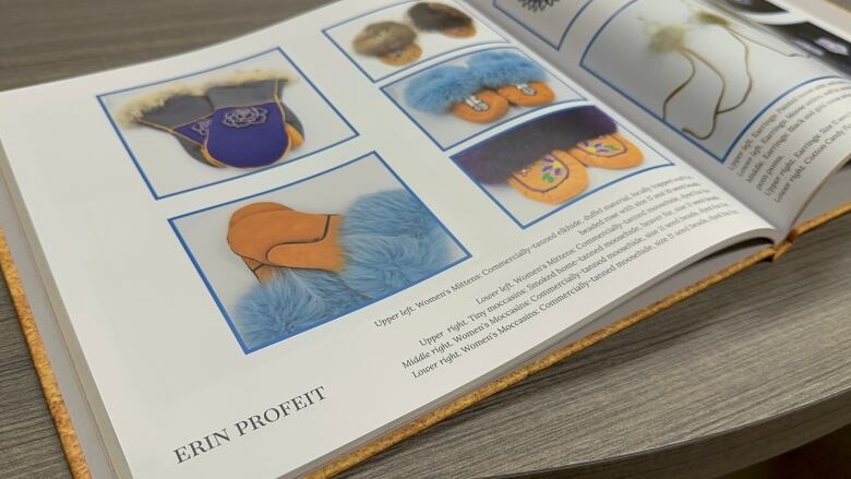 An open book shows images of handmade Indigenous mitts and mocassins.