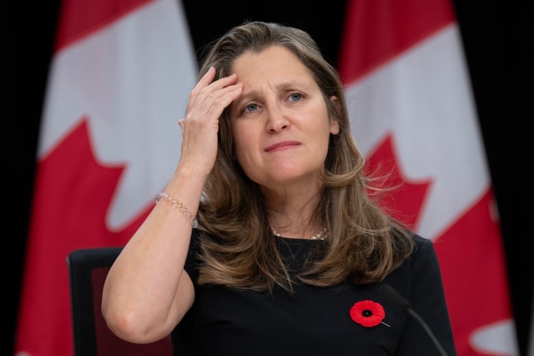 Deputy Prime Minister and Minister of Finance Chrystia Freeland pushes her hair out of her face during a news conference, Tuesday, November 7, 2023 in Ottawa.