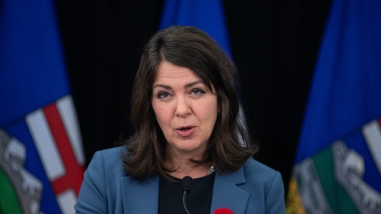 A woman with brown hair in a blue suit stands at a podium. 