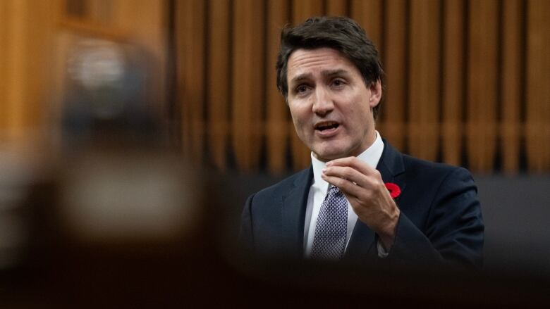 Prime Minister Justin Trudeau stands in the House of Commons and responds to a question.