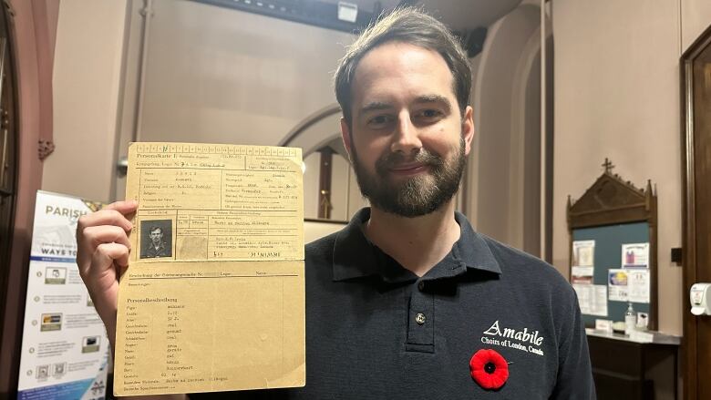 Jordan Campbell, 31, is playing the role of Kenneth Irwin in a Remembrance Day concert paying tribute to the Second World War veteran who survived a German prisoner of war camp. He's holding documents from German forces with Ken's information.  