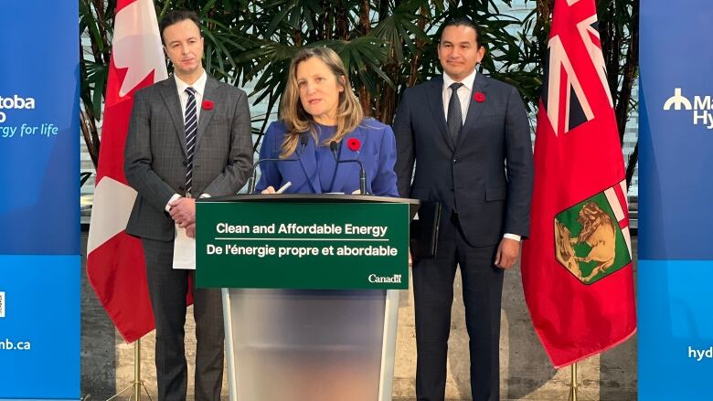 A woman stands at a podium, between two men, with flags of Canada and Manitoba in the background.