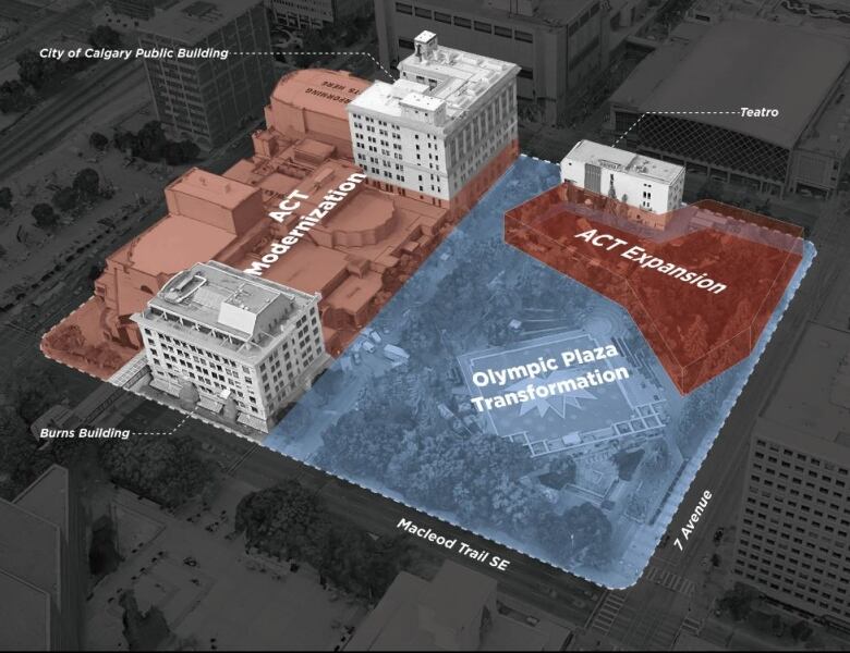 a schematic aerial view of Calgary's Olympic plaza and area.