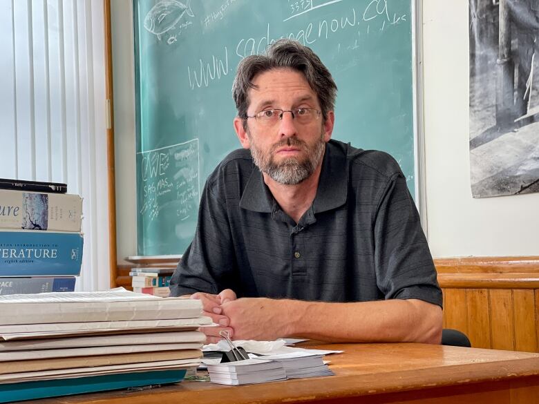 A man wears a grey polo shirt and glasses. He is sitting at his desk in front of a green chalk board. There is a stack of books on his desk. 