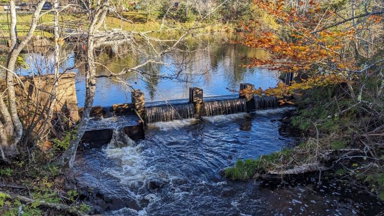 A small dam with flowing water 