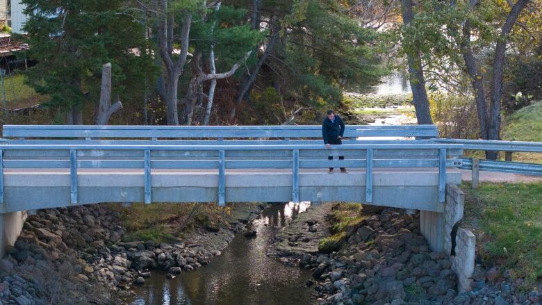 A man stands on a bridge overlooking a stream 