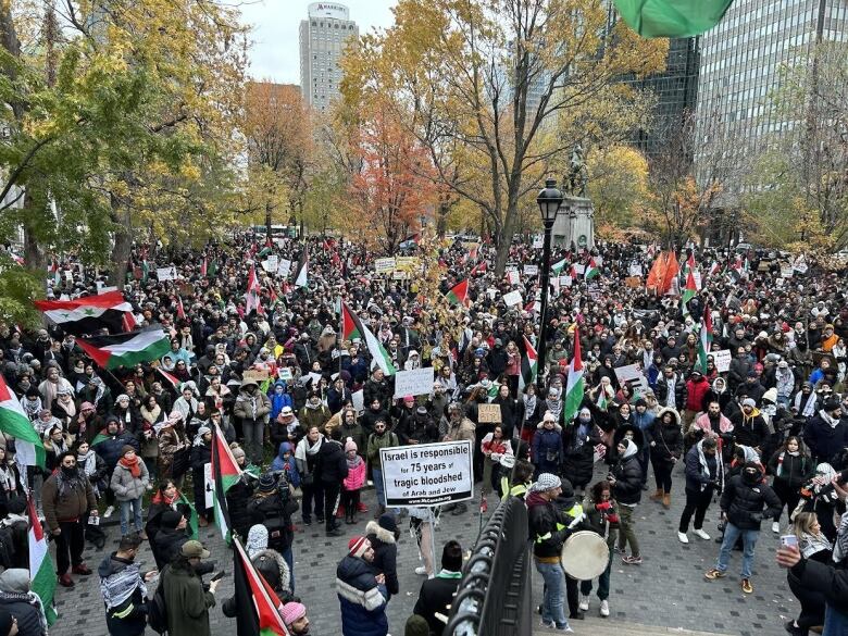 People gather in a crowd outside with signs.