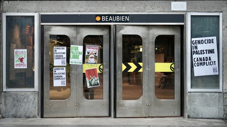 Beaubien Metro station plastered with pro-Palestinian posters. 