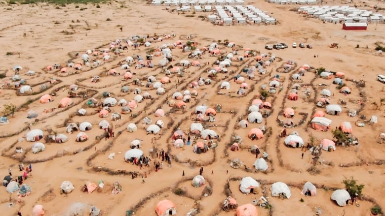 This aerial view shows makeshift structures of people displaced by drought at the Ladan internally displaced people 