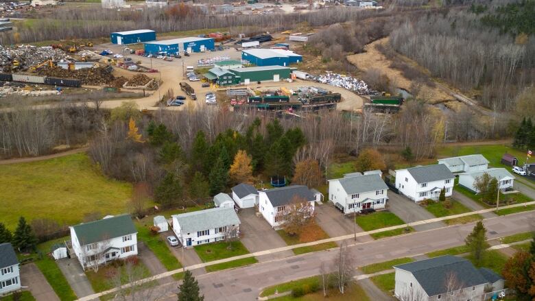 A row of homes separated from a scrapyard by a ribbon of trees.