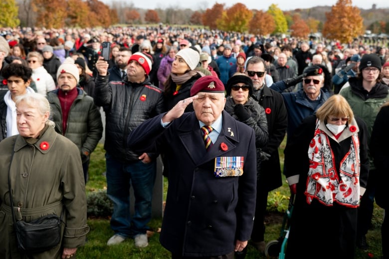 A crowd at an outdoor Remembrance Day ceremony in a cemetery. Some of the people are saluting.