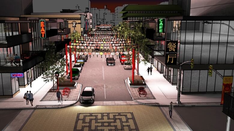 An architectural mockup of King Street with lanterns overhead.