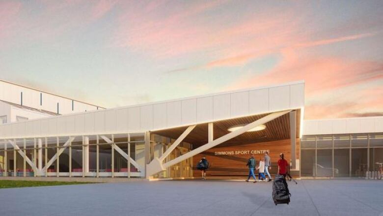 Rendering of entrance to new Simmons Sport Centre.