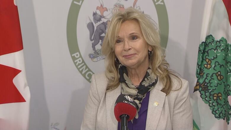 A provincial minister stands in front of a microphone waiting to take questions from reporters. 