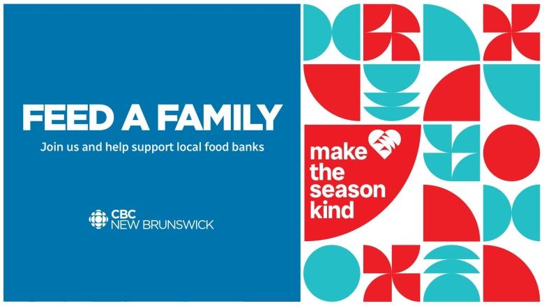 A poster for the Feed A Family campaign in Fredericton. On the left is a blue box with Feed A Family in capital letters with 