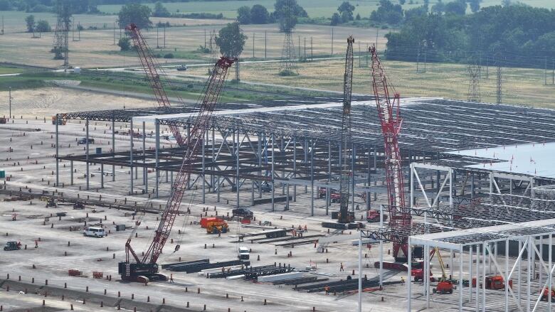 An aerial view of large industrial buildings under construction.