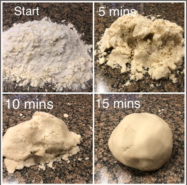 A chart showing dough go from floury and flaky to smooth and buttery over the course of fifteen minutes.