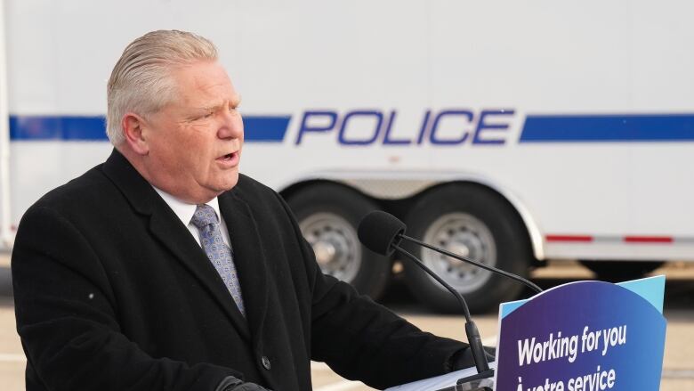 Ontario Premier Doug Ford speaks during a press conference at a Peel Regional police station in Mississauga, Ont.