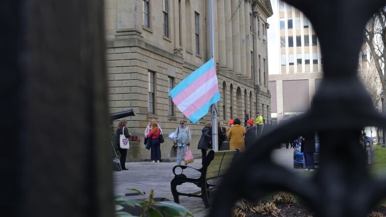 A transgender pride flag at half mast is seen through the grills of a gate.