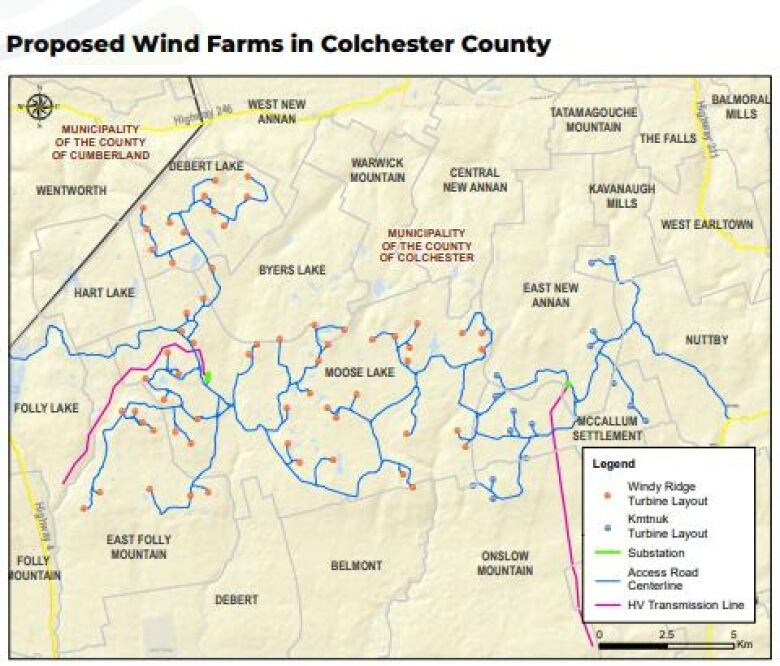 Map with red and blue lines showing proposed locations of wind turbines.