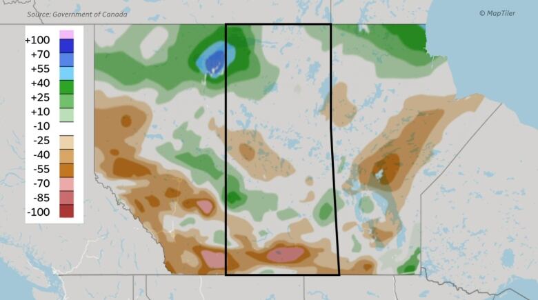 Graphic showing some parts of southern Saskatchewan and Alberta went into a moisture deficit between December 2015 and February 2016 because of El Nio. Almost none of the regions on the Prairies received over 50 per cent of their average moisture during that time.