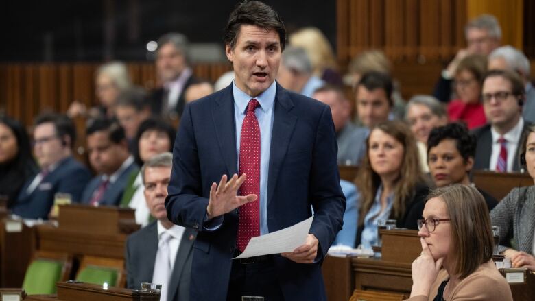 A man in a suit gestures while speaking in Parliament.