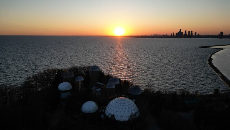 A drone image of Ontario Place at sunset on November 15, 2023.