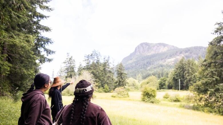 Three First Nations people stand in a filed, pointing and looking at a mountain in the distance. There are trees beside them. 