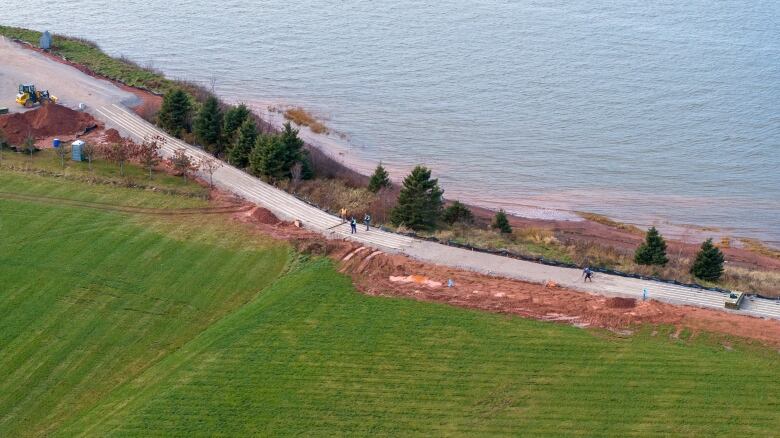 A boardwalk being constructed along the Stratford shoreline. 